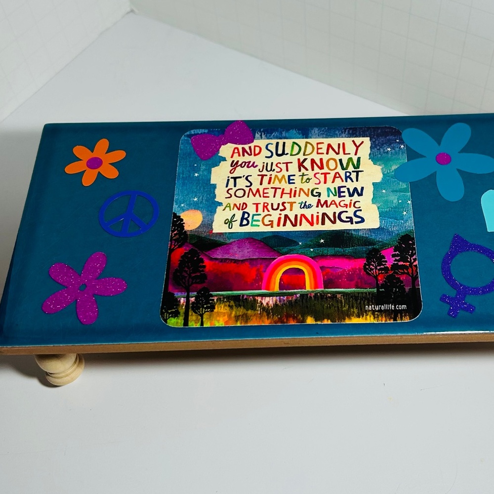 Marine Blue Crackled Glossy Ceramic Riser w/ Sticker Graffiti Art